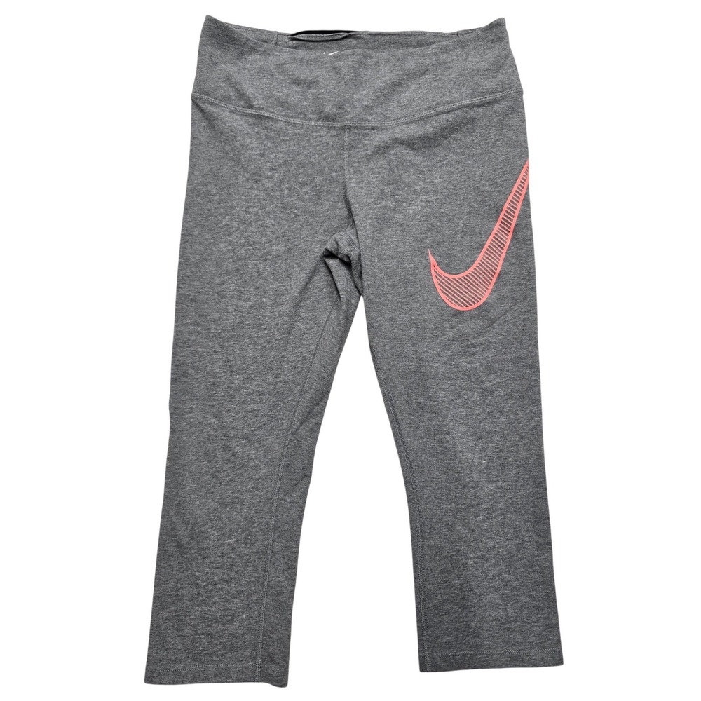 Nike Dri-FIT Capri Leggings Gray Pink Graphic Swoosh Pants Womens Medium